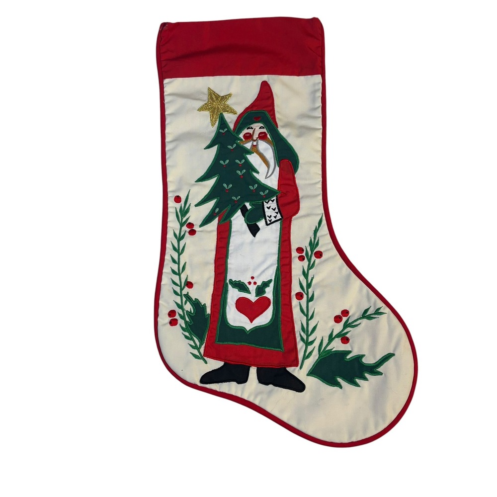 Vintage Folk Art Santa Christmas Stocking Applique Embroidered Red Cream 19 in